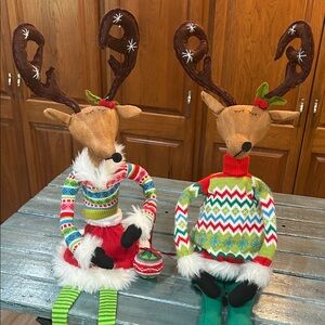 Adorable Festive Sitting Posable Reindeer Holiday Decor Set of Boy & Girl